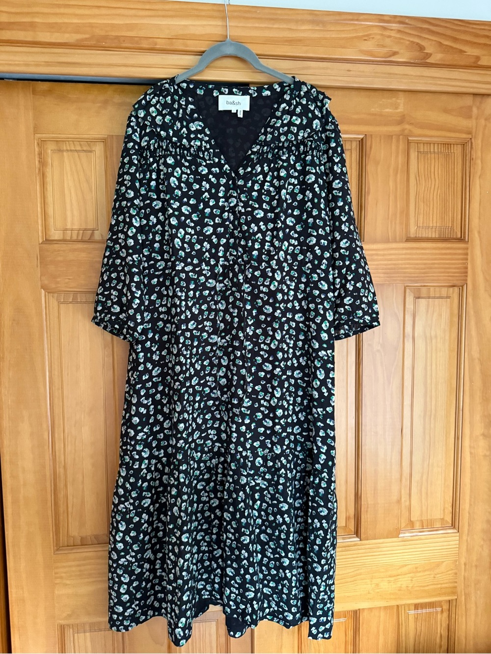 ba&sh Black Midi Dress with Mint Floral Spot